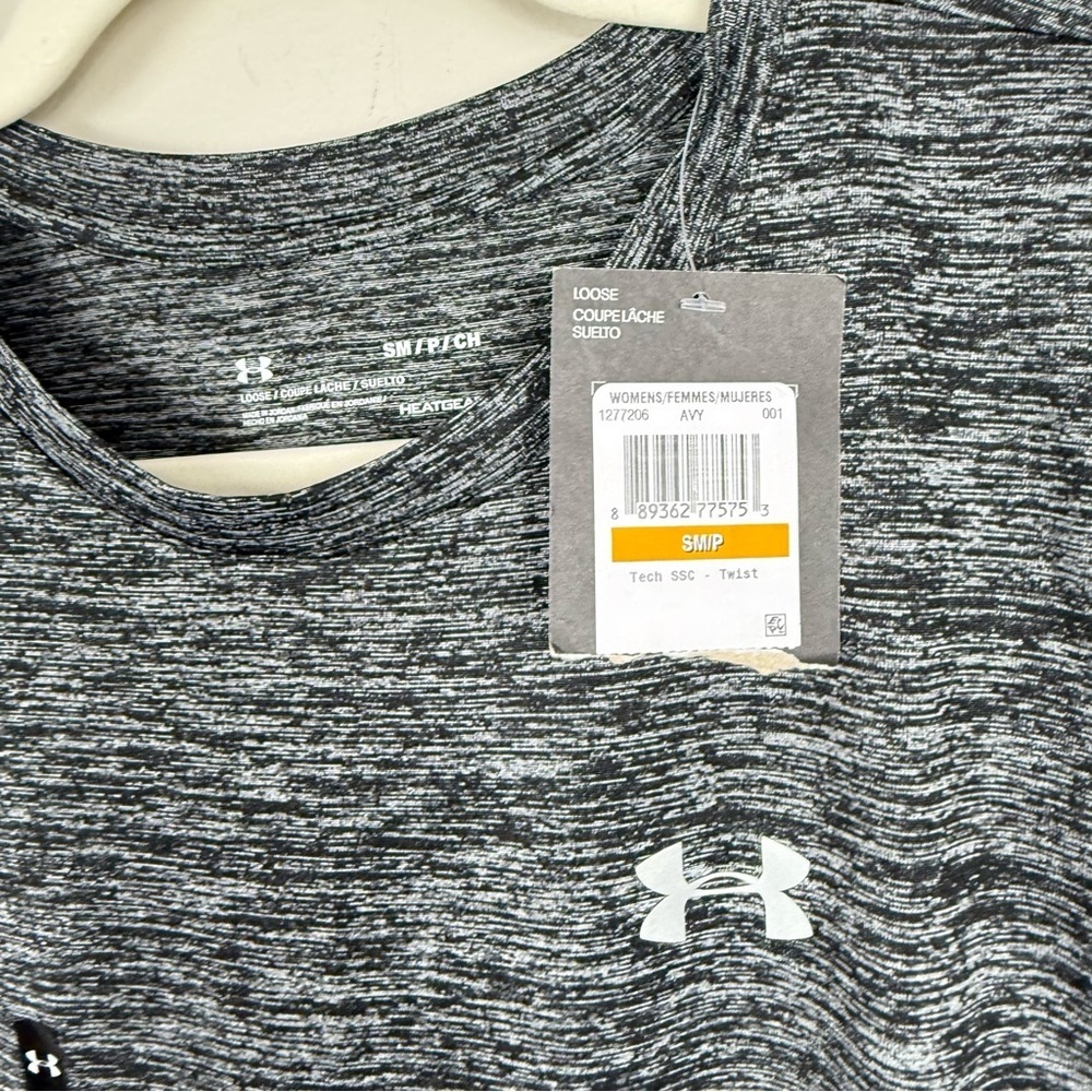 Under Armour Top Womens Small Black White Heathered Shirt Short Sleeve Stretch - Picture 5 of 7